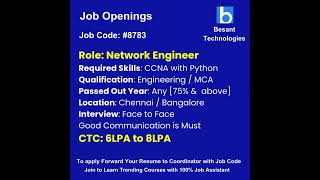 Network engineer job openingBest software institute in chennaiBesant Technologies job shorts [upl. by Tnecnev]