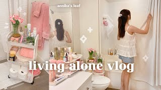 apartment bathroom makeover 🏡🌷 pinterest aesthetic decorating amp organization living alone [upl. by Anyt]