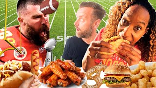 Brits Try Real Superbowl Snacks For The First Time In The USA [upl. by Annairba]