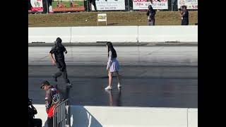 Girl Gets Foot Stuck on Drag Strip Track Before Race [upl. by Enaerb]