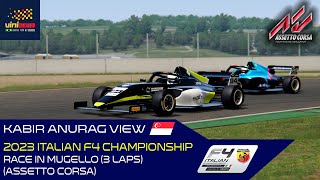 2023 Italian F4 Championship  Race in Mugello 3 laps  Kabir Anurag view Assetto Corsa [upl. by Alhahs834]