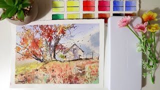 Daler Rowney Aquafine Watercolor Openbox review and fall watercolor painting Demo [upl. by Nnaeitak]