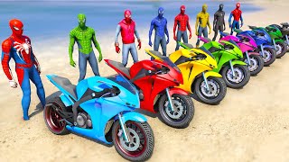 SPIDERMAN TEAM Motorbikes RACING Challenge on Beach Mega Ramp Spiderman Army Motos Race  GTA 5 [upl. by Einafit]