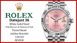 ▶Rolex Datejust 36 White GoldSteel Pink Roman amp Diamond Dial Jubilee Bracelet 126234  REVIEW [upl. by Hallerson31]