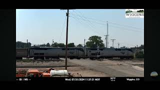 Two Amtrak P42DCs leads a Amtrak Superliner train in Wiggins CO 73124 [upl. by Kelcy]