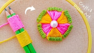 Its so Cute 💖🌟 Super Easy Woolen Flower Making Idea with Pencil  Hand Embroidery Amazing Flower [upl. by Arval309]