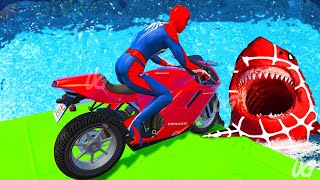 GTA V SPIDERMAN Stunt Motorcycle Challenge By Heroes and Friends With Amazing Car Planes and Boats [upl. by Hickey]