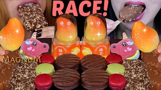 ASMR LEFTOVER DESSERT RACE VIRAL MANGO ICE CREAM UNICORN CANDY MAGNUM CHOCOLATE CAKE BARS [upl. by Tally]