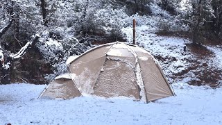 Solo Hot Tent Winter Camping in RAIN and SNOW Storm Wood Stove  ASMR [upl. by Amhsirak]