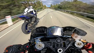 Yamaha R7 Vs Yamaha R6 Vs Aprilia Tuono V4 Street Ride [upl. by Nilyram859]