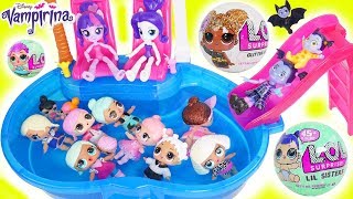 LOL Surprise Dolls Lil Sisters at Barbie Pool find Glitter Surprises [upl. by Burnie867]