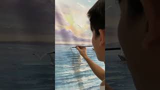 Sunset sea gulls sailboats flowers  LoveDancingDrawing drawing oilpainting art [upl. by Htebzile]