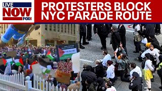 Protesters block NYC parade route in wake of IsraelHamas war ceasefire  LiveNOW from FOX [upl. by Cerf]