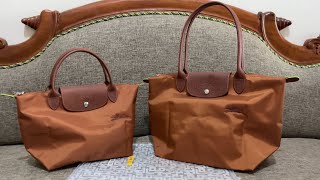 L0ngchamp Le Pliage Green Cognac  Handbag Small Vs Tote Bag Medium [upl. by Catrina]