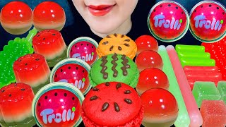 ASMR WATERMELON DESSERT JELLY WAX BOTTLES KOHAKUTO 咀嚼音 スイカデザート ゼリー ワックスボトルキャンディ 琥珀糖 MUKBANG モッパン 먹방 [upl. by Hewes171]