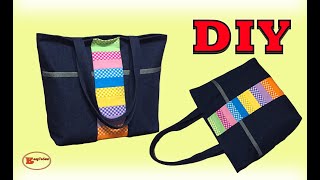 DIY DENIM TOTE BAG WITH POCKETS SEWING TUTORIAL [upl. by Forras]