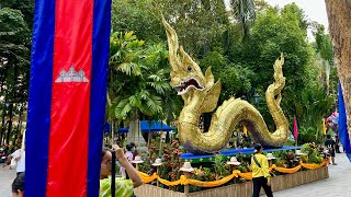 Wat Phnom Decor for Songkran in Phnom Penh City Cambodia  Happy Khmer New Year 2024 Gold Dragon [upl. by Basset]