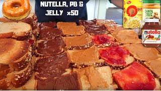 NUTELLA PEANUT BUTTER amp JELLY Sandwich Challenge  Bonus Dessert SO MANY CARBS [upl. by Retrak274]