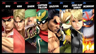 Ryu and Ken and Sheik and Captain Falcon VS Kazuya and Fox and Zero Suit Samus and Incineroar Smash [upl. by Ileak]