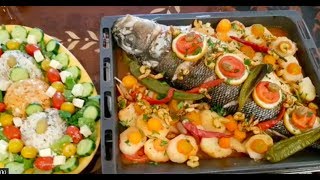 Repas complet avec bar au four salade crudité et dessert rapide وجبة سريعة وتحلية في 5دقائق [upl. by Sitnalta564]