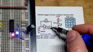 Logic Gate Astable Multivibrator LED flasher Oscillator using 74HC14 Schmitt Trigger NOT Inverter [upl. by Emmeram]