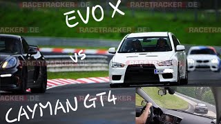 Mitsubishi EVO X vs Porsche Cayman GT4 Nürburgring Nordschleife Battle [upl. by Anavlis]