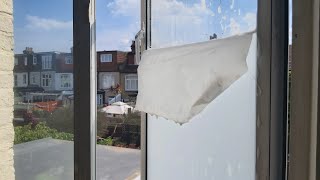 BEST FAST AND EASY WAY TO REMOVE WHITE FROSTED WINDOW FILM IN ONE PIECE [upl. by Askari830]