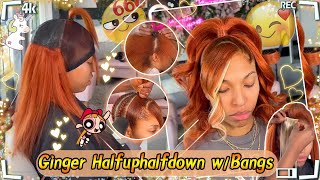 🍁Quick Weave Half Up Half Down WGinger Hair Blonde Highlights Bangs ULAHAIR Review [upl. by Ahsinnek]