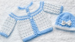 ¡HERMOSO PATRÓN DE CROCHET chaquetita o cardigan con gorrito tejido con ganchillo AJUAR PARA BEBE [upl. by Cadmar]