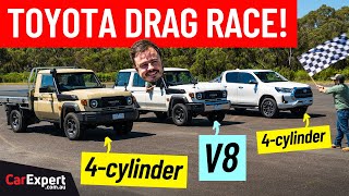 Drag race V8 LandCruiser 70 v 4cyl LandCruiser 70 v 4cyl HiLux roll race and 14 mile times [upl. by Oemor389]