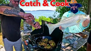 Striped Bass CATCH amp COOK with Professional CHEF Cast Iron Oceanside Fish [upl. by Jelena]