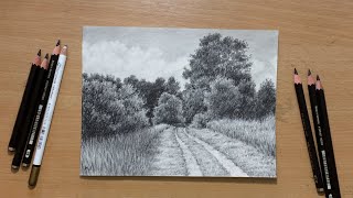 Landscape Drawing in Graphite Pencil Step by Step [upl. by Ojela]