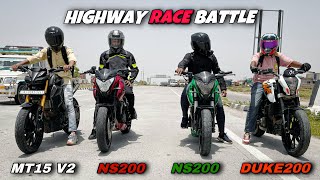 Yamaha Mt15 Vs Bajaj Ns200 Vs Ns200 Vs Ktm Duke 200 Drag Race [upl. by Annor699]