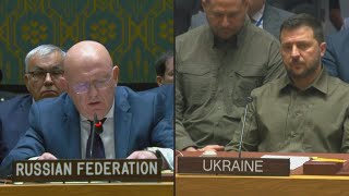 UN Russias Nebenzya objects to Zelensky speaking first at Security Council  AFP [upl. by Tirrag]