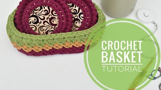 Crochet basket tutorial with Tshirt yarn and wooden base [upl. by Bensen]