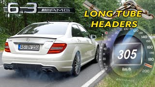 582HP Mercedes C63 AMG w LONG TUBE HEADERS  305KMH on AUTOBAHN [upl. by Peyter912]