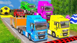 Double Flatbed Trailer Truck vs Speedbumps Train vs Cars  Tractor vs Train BeamngDrive [upl. by Aratnahs]