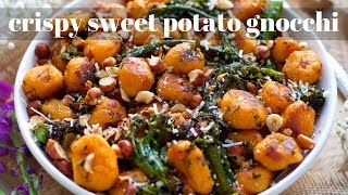 CRISPY SWEET POTATO GNOCCHI 3 INGREDIENTS  PLANTIFULLY BASED [upl. by Butcher646]