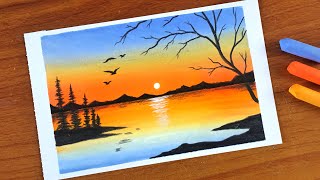 Simple Oil pastel Sunset Landscape Painting for beginners  Oil Pastel Drawing [upl. by Dadirac]