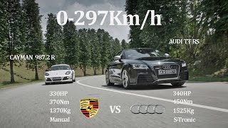 OLD COMPARATIVE PORSCHE CAYMAN R 330Hp Vs AUDI TT RS 340Hp  RWD Vs AWD [upl. by Llenyar]