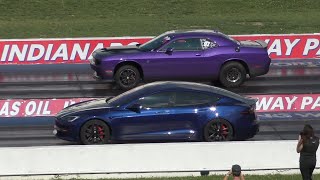 Hellcat Challenger vs Tesla Plaid Model S Mustang amp FairmontZephyr Drag Races [upl. by Aleen334]