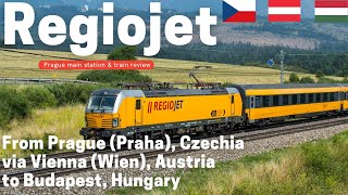 Regiojet train from Prague Praha via Vienna Wien to Budapest Prague main station amp train review [upl. by Clayborn]