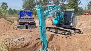 รีวิวรถขุด kobelco sk140lc11 งานปากบ่อทีมงานต้นไทยเจริญแกะป้ายแดงมา5000ชมexcavator and truck [upl. by Ahsineg896]