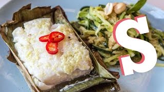 Banana Leaf Baked Cod with Courgetti Recipe  Performance Food [upl. by Thorin]