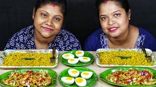 EATING CHALLENGE BOIL EGG CHOWMEIN NOODLES PAPRI CHAT  STREET FOOD CHALLENGE  food family amp more [upl. by Amjan]