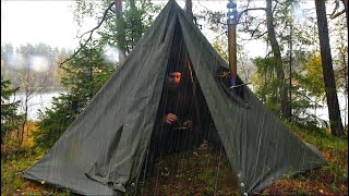 Hot Tent Camping in the Rain  Catch and Cook [upl. by Sacram]