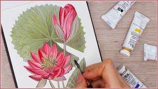 How to Paint a Water Lily Lotus Flower with Gouache Step by Step  Art Journal Thursday [upl. by Ettenoj]