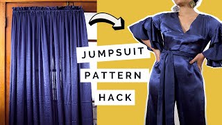 DIY Flounce Sleeve Jumpsuit Sewing Pattern Hack Upcycle  Holiday Thrift Challenge [upl. by Annia]