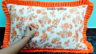 Simple pillow cover cutting amp stitching DIY RuffleFrill Envelope cushion cover from leftover fabric [upl. by Ahsyak]