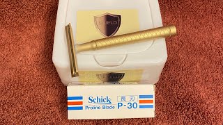 SHIELD AC Brass Razor Single edge perfection Artist club blades Proraso  Osage rub Schick p30 [upl. by Herwig]